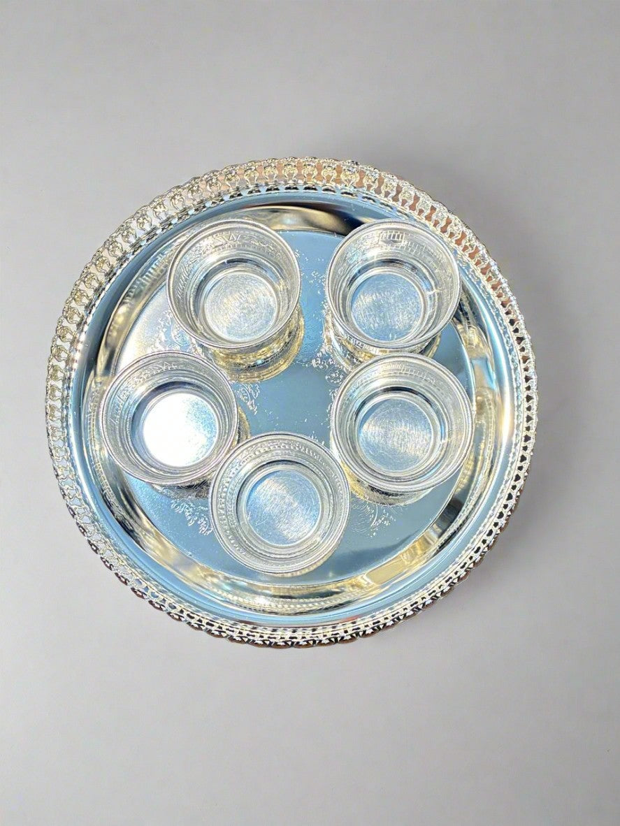 german silver tray with 5 bowls for diwali pooja/ snacks / gift item